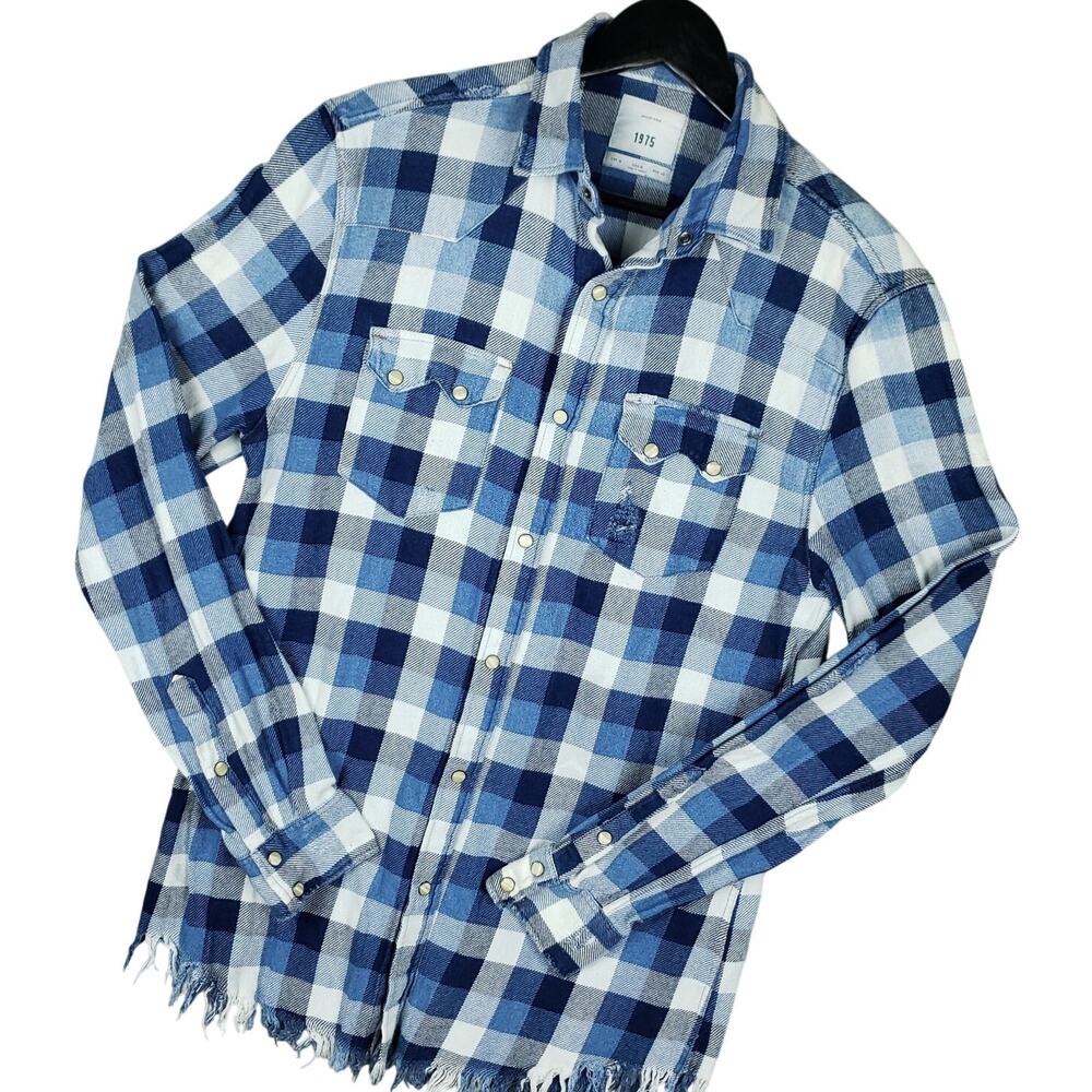 Original Denim 1975 Men's Pearl Snap Flannel Shirt Sz Medium Raw Hem Plaid